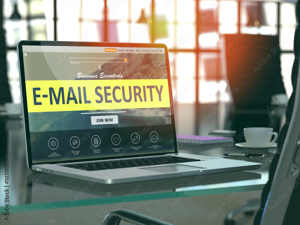 Poster e-mail security concept - closeup on laptop screen in modern office workplace. toned image with sele