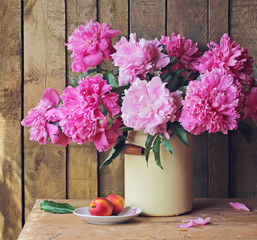 Still life with bouquet of peonies.