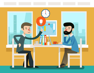 Businessmen discussing strategy sitting at office desk. Vector illustration in flat style. Strategy businessman, discussion teamwork, meeting and communication illustration