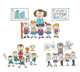 Childrens study doodle sketch. Kids sports team and kids chemistry class. School children, education chirldren. vector illustration