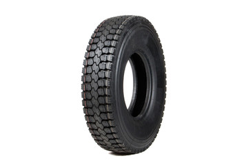 Car tire isolated on white background. Truck tire isolated. Dump tire isolated.