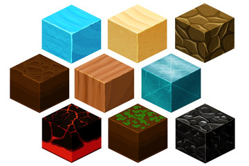 Isometric 3D cube textures vector set for computer games. Cube for game, element texture, nature brick for computer game illustration