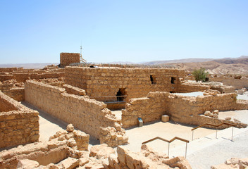 Judaean Desert, Masada ruin. View on Judaean Desert from Masada - ancient fortification in Israel situated on rock plateau on the eastern edge of the Judaean Desert. Galileo sea is on the background
