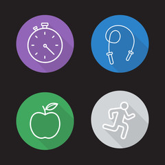 Diet and exercise flat linear icons set