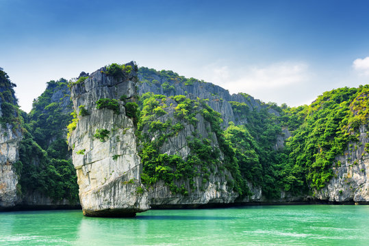 Scenic view of rock pillar and karst isles in the Ha Long Bay