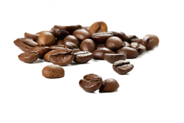 Group of coffee beans on a white background.