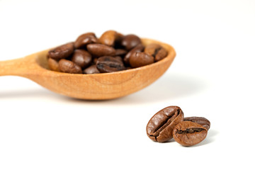 coffee beans and a wooden spoon, selective focus