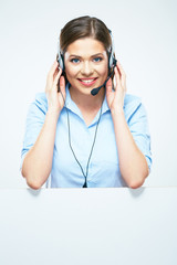 Toothy smiling help line customer service operator.