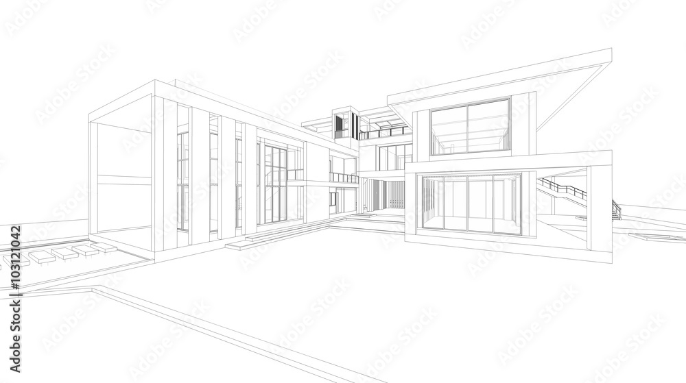 Poster abstract wireframe perspective of 3d house rendering.