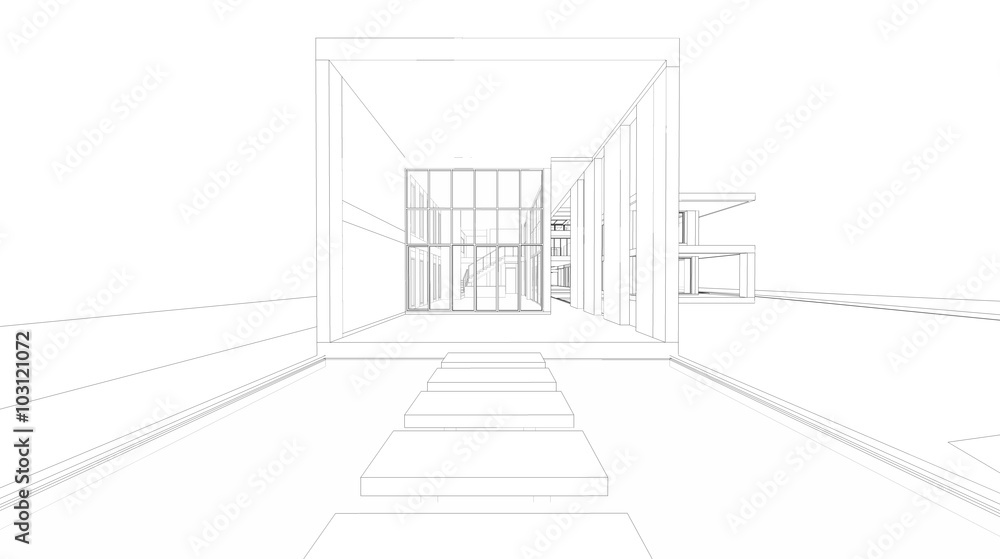 Poster abstract wireframe perspective of 3d house rendering.