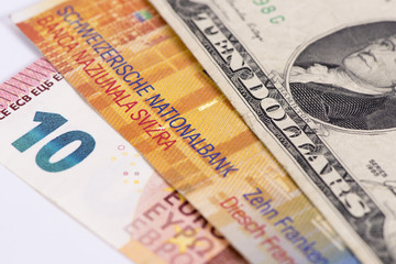 Fototapeta premium Euro, Dollar und Schweizer Franken