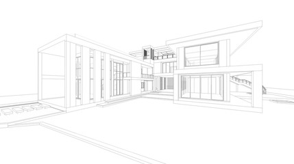 Abstract wireframe perspective of 3D house rendering.