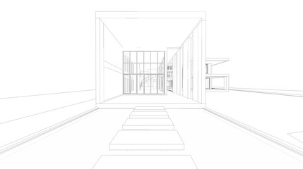 Abstract wireframe perspective of 3D house rendering.