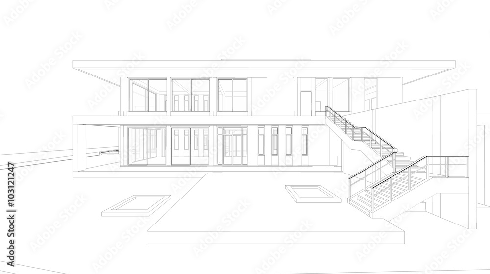 Poster abstract wireframe perspective of 3d house rendering.