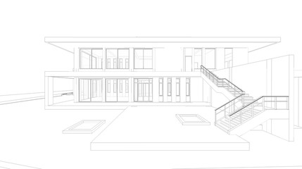 Abstract wireframe perspective of 3D house rendering.