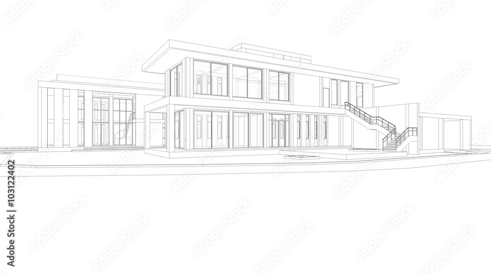 Poster abstract wireframe perspective of 3d house rendering.