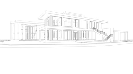 Abstract wireframe perspective of 3D house rendering.