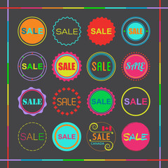 Colorful retro retail and shopping SALE tags icons set on black background