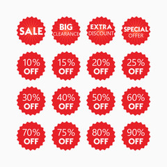 Red retail and shopping SALE and percentage tags icons set on off white background