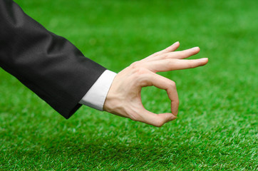 Nature and business topic: the hand of man in a black suit showing gesture ok on a background of green grass