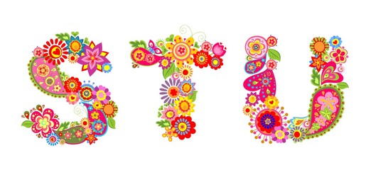 Floral alphabet with letter S, T, U