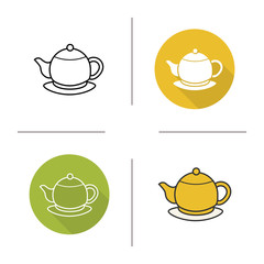 Tea pot flat design, linear and color icons set