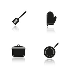 Kitchenware drop shadow black icons set