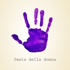 violet handprint and text festa della donna, womens day in itali