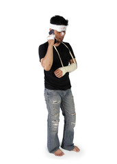 Full body of injured man on phone