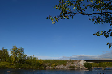Fototapeta na wymiar River, bridge and birch trees, subarctic Swedish Lapland, Abisko