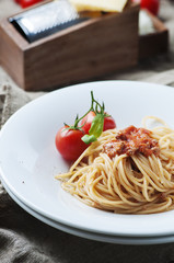 Italian pasta bolognese with meat and tomato