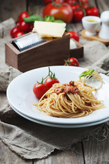 Italian pasta bolognese with meat and tomato