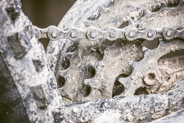 Dirty muddy grunge metal bike gears.