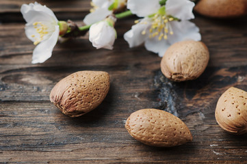 Fresh almond and flowers on the wooden table