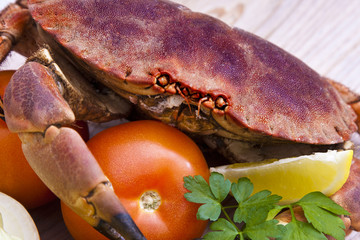 crab in the foreground with ingredients