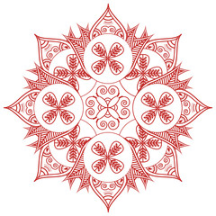 Asian culture inspired  wedding makeup  henna tattoo decoration floral shape with leaves in red and red symbolizing happiness, love and spiritual life, zen , inner peace, feng shui 
