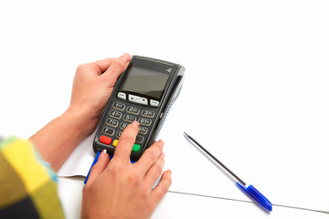 Woman Using Payment Terminal in a white background, Paying With Credit Card, Credit Card Reader, Finance Concept