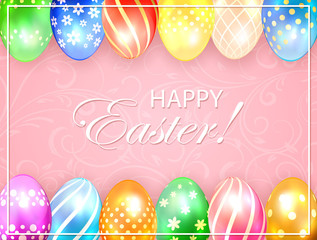 Pink Easter background with colored eggs