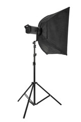 Studio flash with softbox and stand on white, clipping path