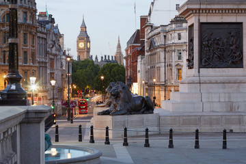 Trafalgar square and Big Ben, early morning in London