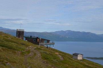 Building of ski lift on mountain slope overlooking lake Tornetr&auml;sk, Abisko, Swedish Lapland