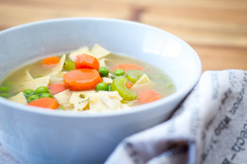 homemade chicken noodle soup in a white bowl