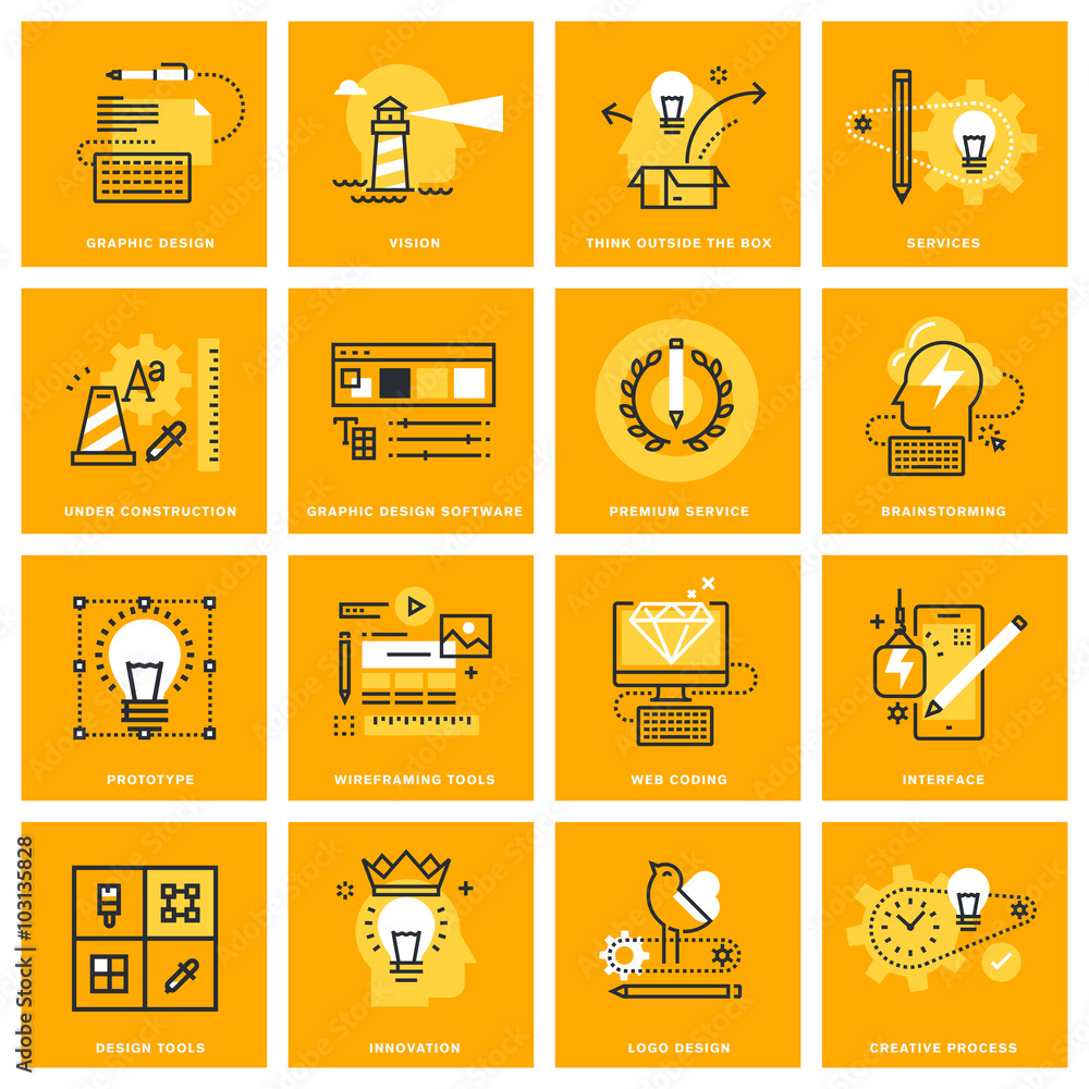 Poster thin line web icons of design services and tools, web and app development process and tools. vector 