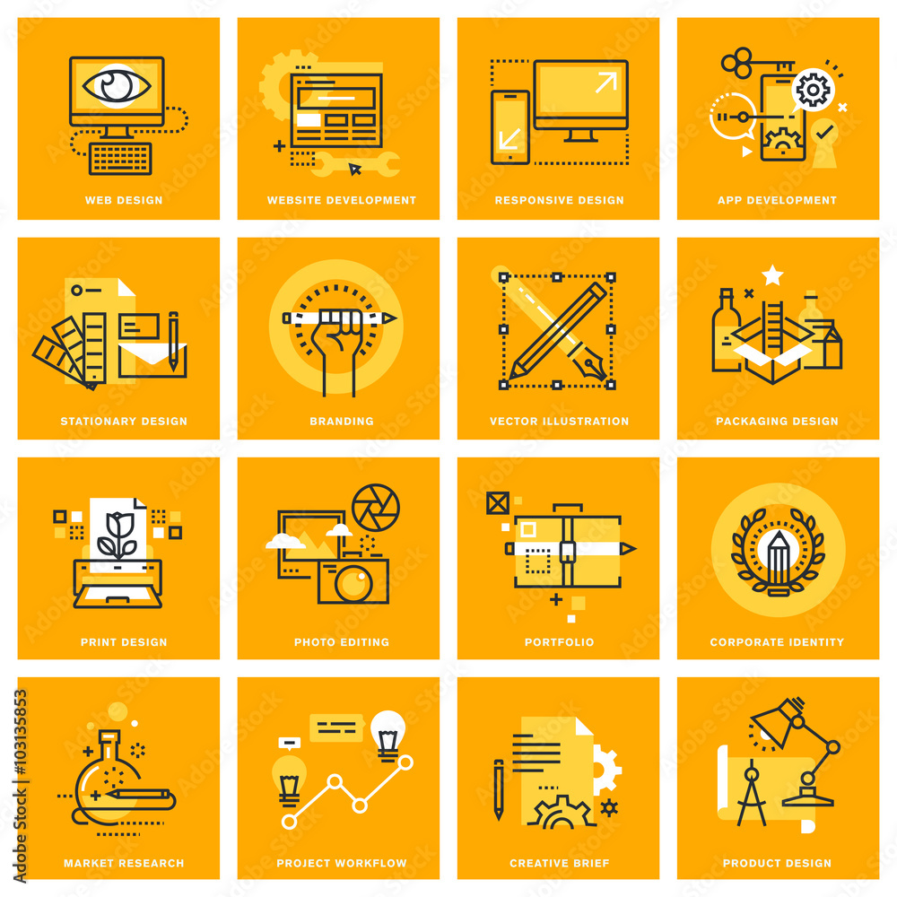 Poster thin line web icons of web design and development, responsive design, stationary and print design, b