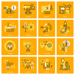 Thin line web icons of business essentials, company information, contact and communication, online support, services. Vector illustration concepts for graphic and web design.