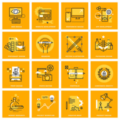Thin line web icons of web design and development, responsive design, stationary and print design, branding, packaging design, photo editing. Vector illustration concepts for graphic and web design. © PureSolution