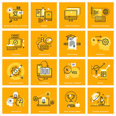 Thin line web icons of e-learning, video tutorials, online courses, e-book and library. Vector illustration concepts for graphic and web design.