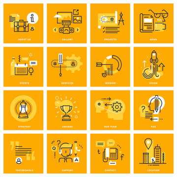 Thin line web icons of business essentials, company information, contact and communication, online support, services. Vector illustration concepts for graphic and web design.