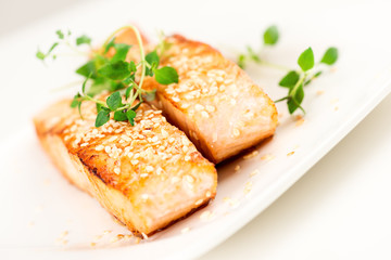 Grilled salmon on white plate