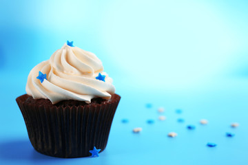 Chocolate cupcake on blue background